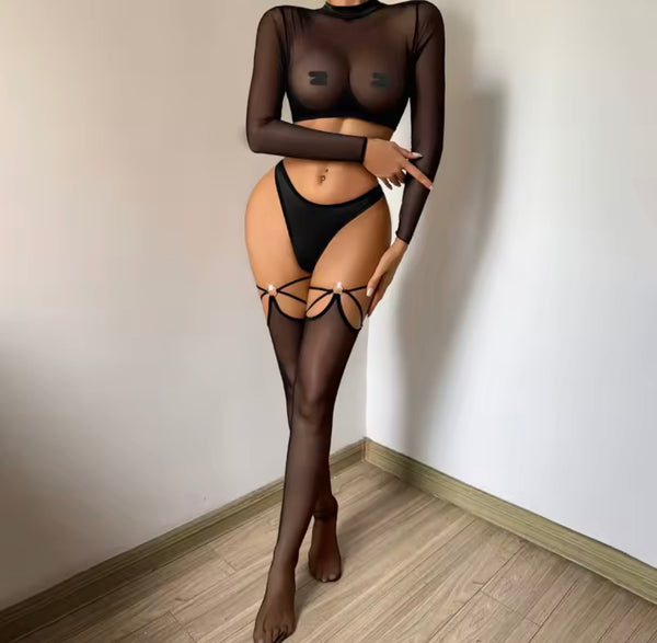 Women Sexy See Through Mesh Full Sleeve Lingerie Set