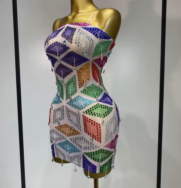Women Sexy Strapless Colorful Crystal Mesh Dress