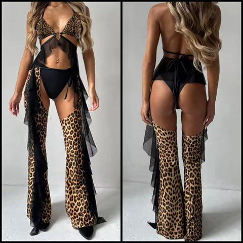 Women Sexy Halter Leopard Print Three Piece Lingerie Set