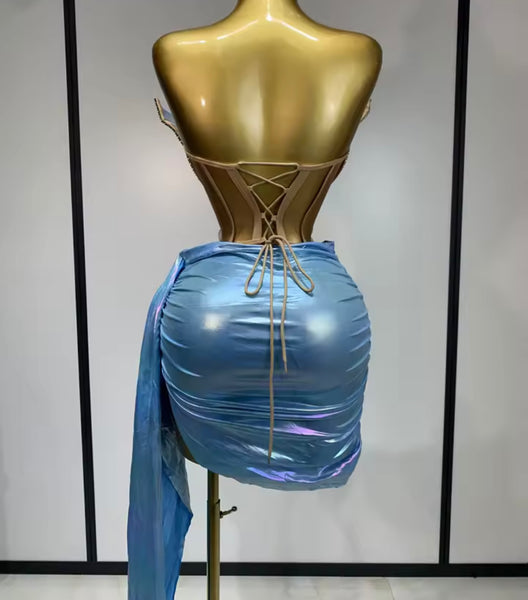 Women Sexy Strapless Rhinestone  Acrylic Two Piece Skirt Set