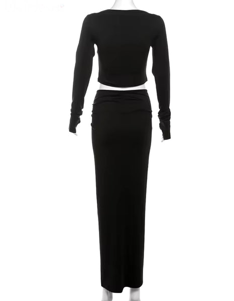 Women Sexy Black Full Sleeve Two Piece Ruched Maxi Skirt Set