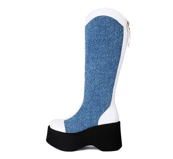 Women Fashion Denim Color Patchwork Platform Knee High Boots
