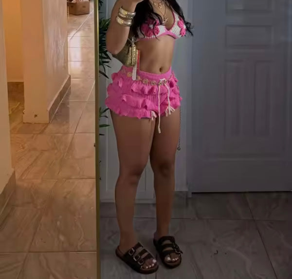 Women Sexy Halter Sleeveless Crop Two Piece Knitted Short Set