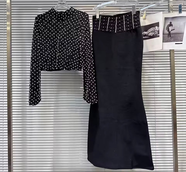 Women Fashion Pearl Full Sleeve Two Piece Maxi Skirt Set