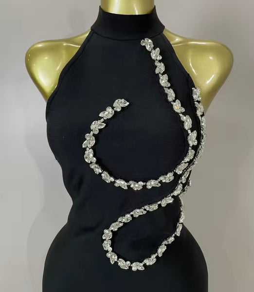 Women Sexy Sleeveless Rhinestone Print Dress