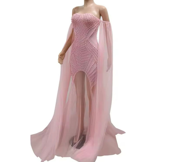 Women Sexy Strapless Beaded Mesh Maxi Dress