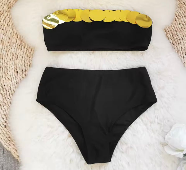 Women Sexy Sequins Strapless Black Bikini Cover Up Set