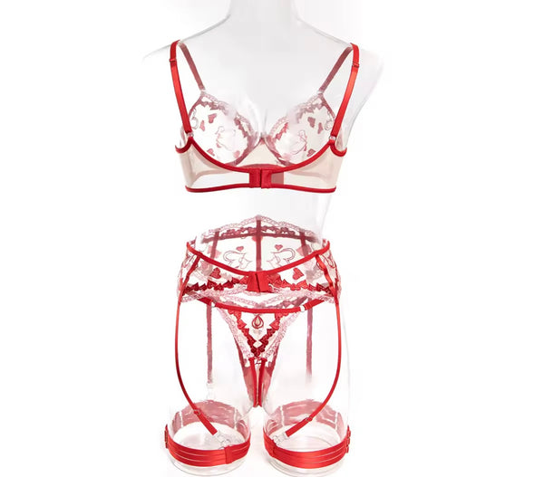 Women Sexy Heart Color Patchwork Mesh Lingerie Set