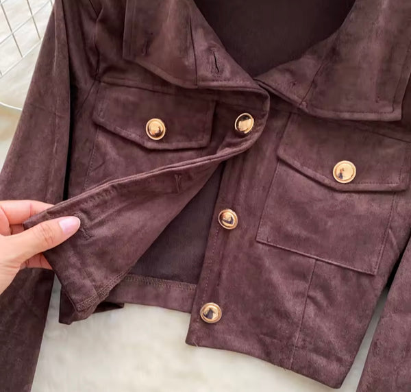 Women Fashion Suede Button Up Full Sleeve Two Piece Short Set