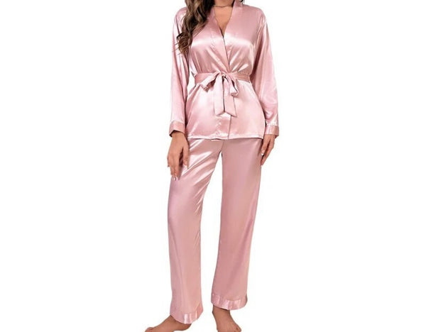 Women Pink Sexy Satin Full Sleeve Lingerie Set