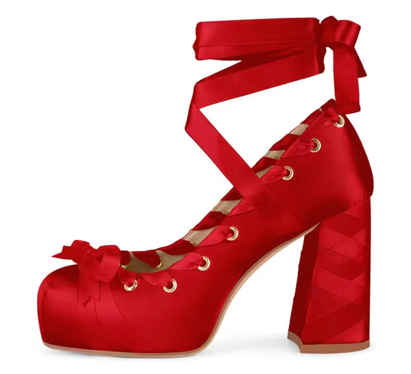 Women Fashion Square Toe Satin Bow Ribbon Lace Up High Heels