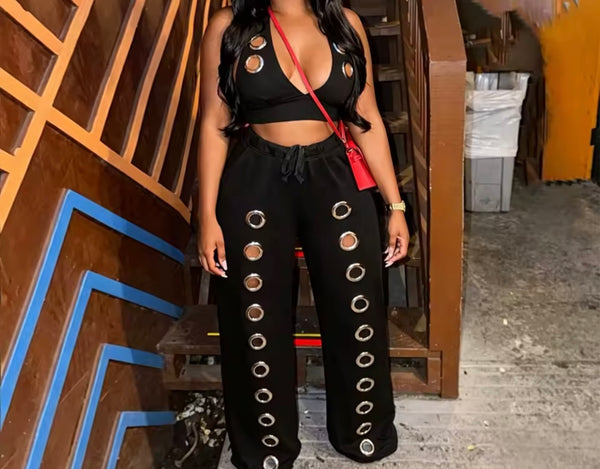 Women Fashion Halter Sleeveless Metal Ring Two Piece Pant Set