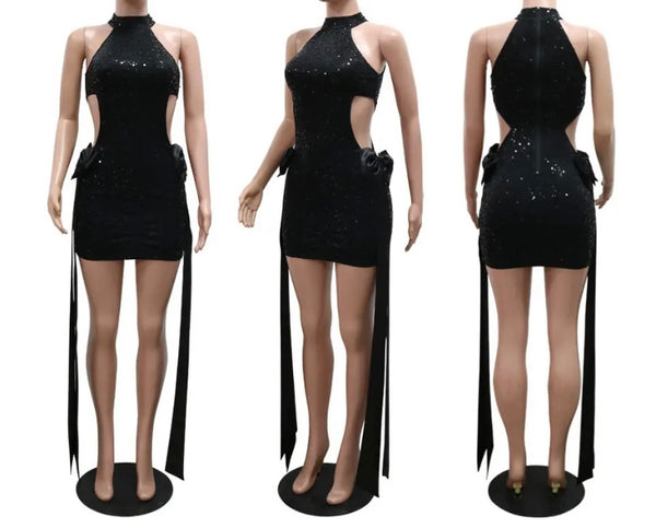 Women Sexy Black Sequins Cut Out Bow Sleeveless Dress
