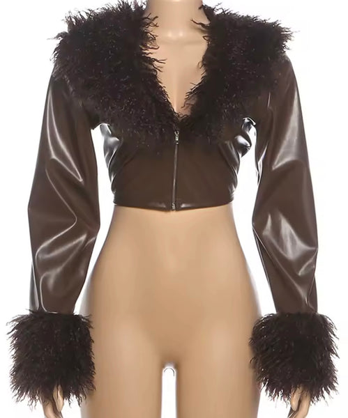Women Brown Fur Patchwork Faux Leather Fashion Jacket