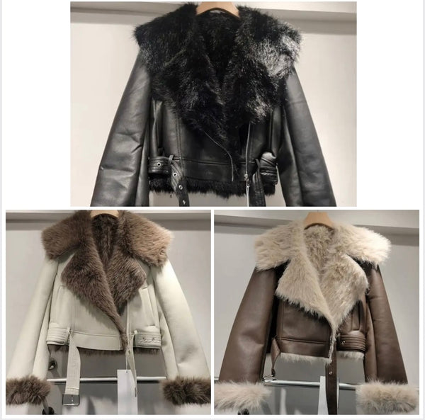 Women Fashion Warm Fur Faux Leather Jacket