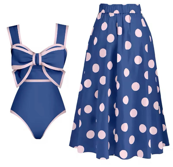 Women Fashion Bow Color Patchwork Polka Dot Swimsuit Cover Up Set