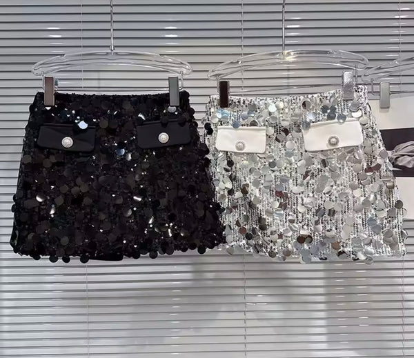 Women Sequins Patchwork Pocket Sexy Skirt