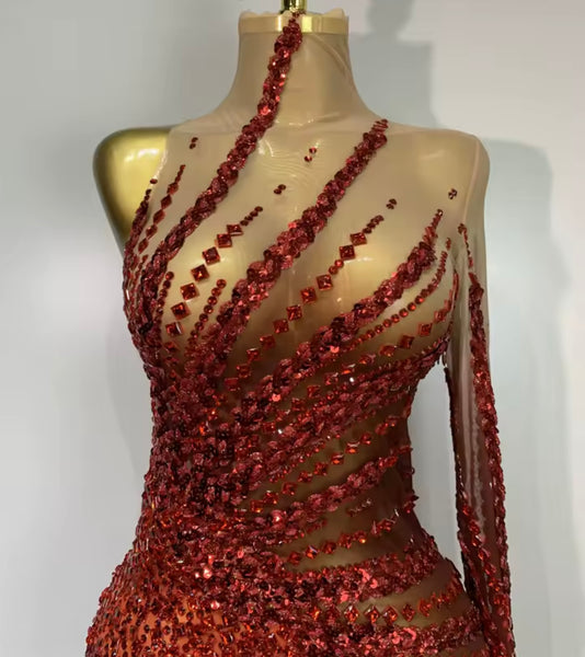 Women Sexy One Shoulder Full Sleeve Sequins Crystal Mesh Dress