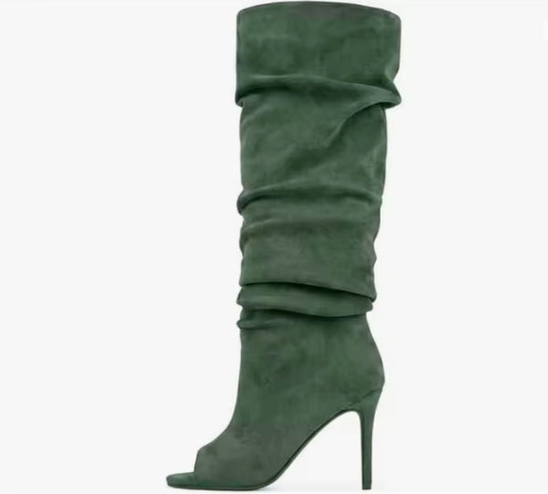 Women Suede Open Toe Fashion Ruched Knee High Boots