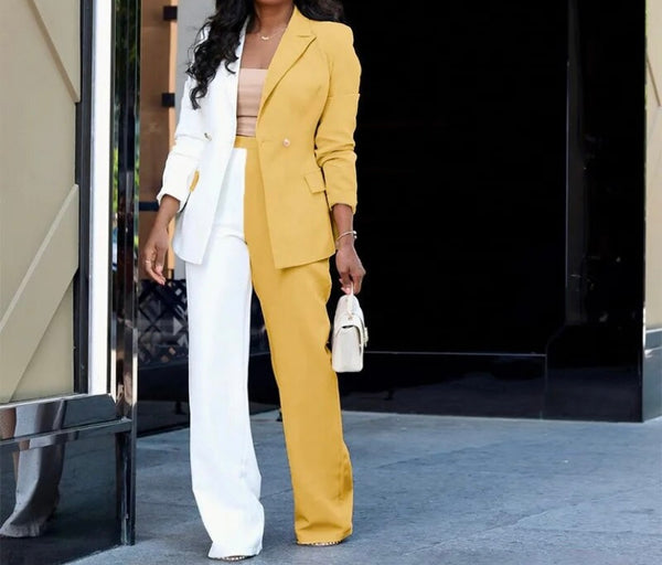 Women Fashion Color Patchwork Button Up Blazer Two Piece Pant Set