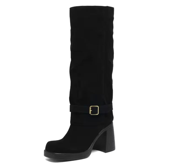 Women Fashion Square Toe Buckled Suede Knee High Boots