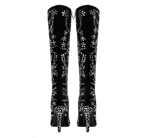 Women Fashion Black Suede Bling Knee High Boots