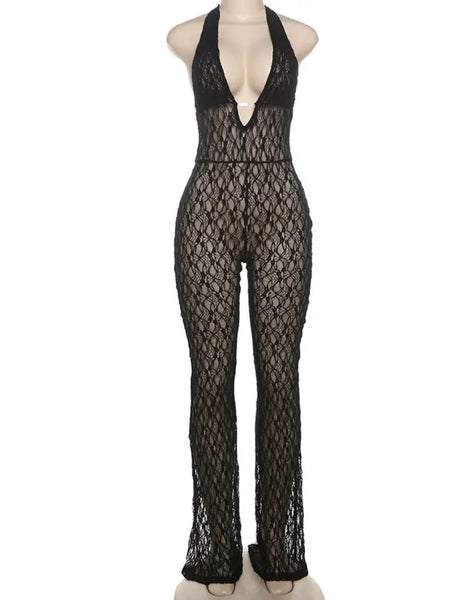 Women Black Halter Sleeveless Lace Sexy Jumpsuit