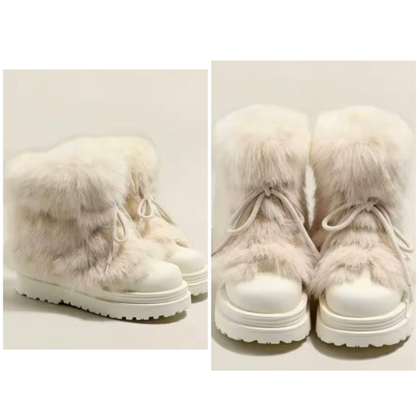 Women Fashion Furry Lace Up Ankle Boots