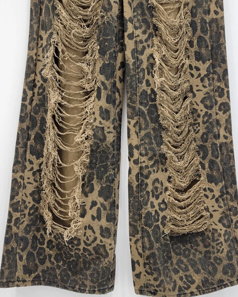 Women Ripped Leopard Print Fashion Denim Pants