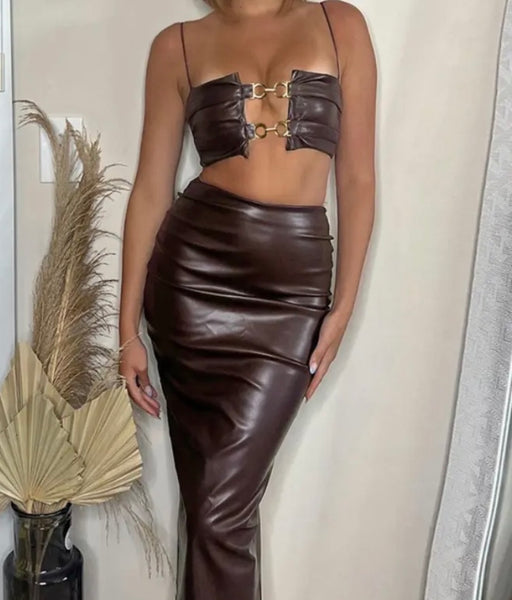 Women Sexy Brown Sleeveless Faux Leather Two Piece Skirt Set