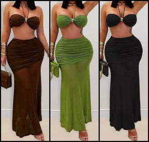 Women Sexy Halter Strapless Ruched Mesh Two Piece Maxi Skirt Set