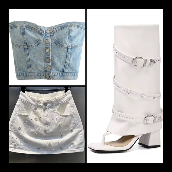 Women Fashion Rhinestone Pearl Floral Denim Skirt