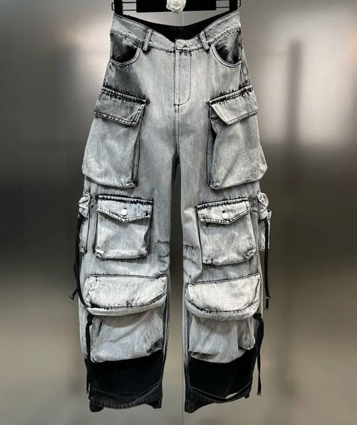 Women Gray Fashion Cargo Denim Pants