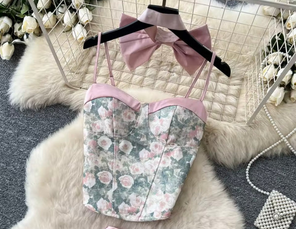 Women Bow Floral Sleeveless Two Piece Maxi Skirt Set