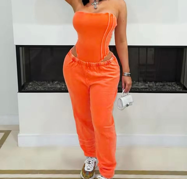 Women Strapless Color Bodysuit Two Piece Fashion Pant Set