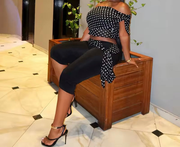 Women Fashion Off The Shoulder Polka Dot Two Piece Capri Pant Set