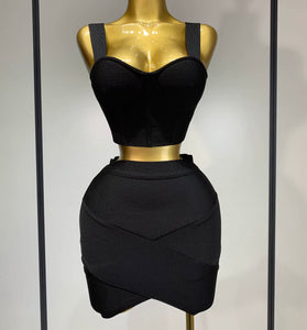 Women Sexy Color Sleeveless Bandage Two Piece Skirt Set