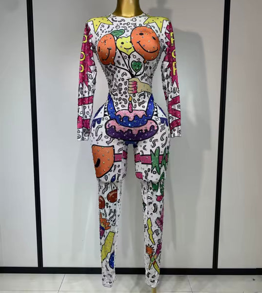 Women White Printed Rhinestone Full Sleeve Fashion Jumpsuit