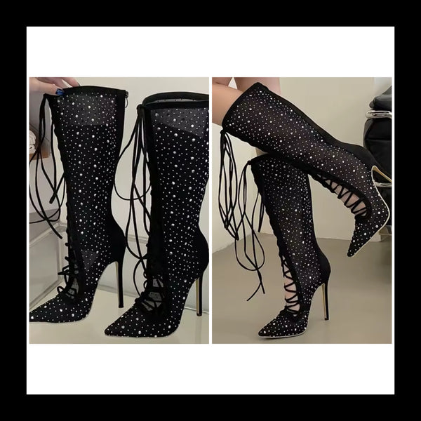 Women Fashion Black Bling Mesh Lace Up Knee High Boots