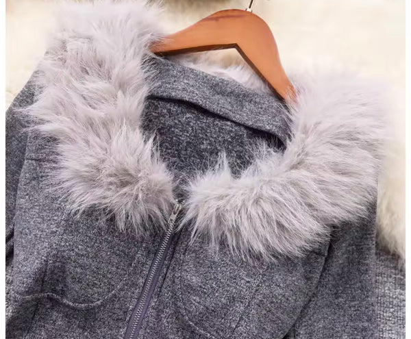 Women Gray Fur Patchwork Zip Up Full Sleeve Two Piece Skirt Set