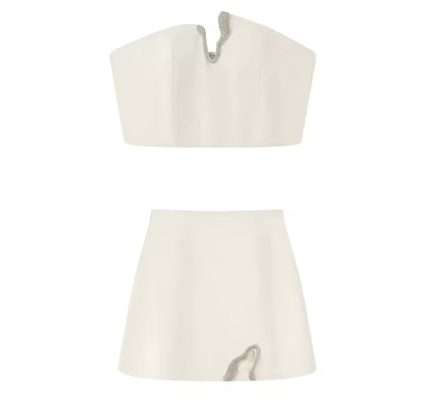 Women White Strapless Crop Sexy Two Piece Skirt Set