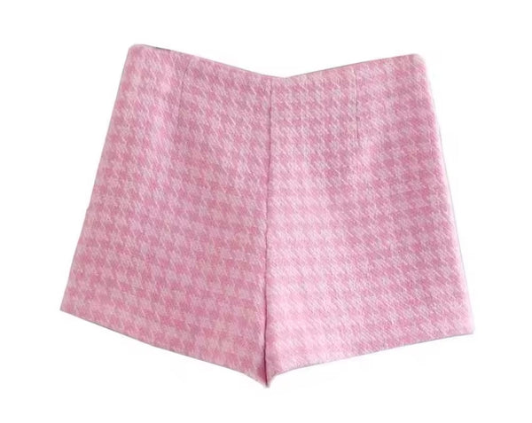 Women Sexy Pink Tweed Bling Button Blazer Two Piece Short Set