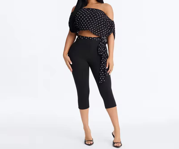 Women Fashion Off The Shoulder Polka Dot Two Piece Capri Pant Set