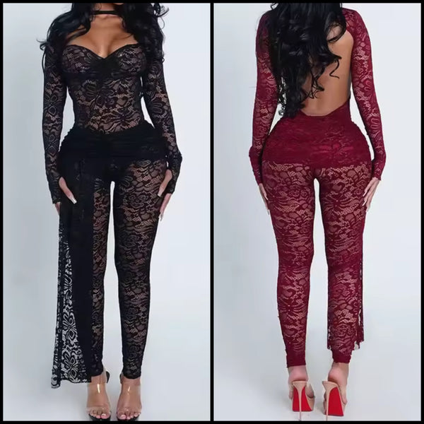 Women Sexy Lace Open Back Full Sleeve Bodysuit Two Piece Pant Set