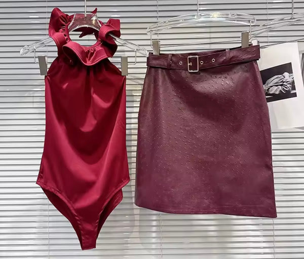 Women Ruffle Halter Sleeveless Bodysuit Faux Leather Two Piece Skirt Set