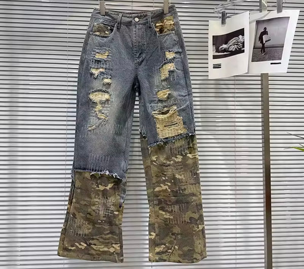 Women Fashion Blue Ripped Camouflage Denim Pants