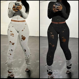 Women Fashion Full Sleeve Ripped Knitted Two Piece Pant Set