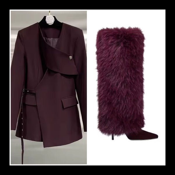 Women Fashion Color Suede Faux Fur Knee High Boots