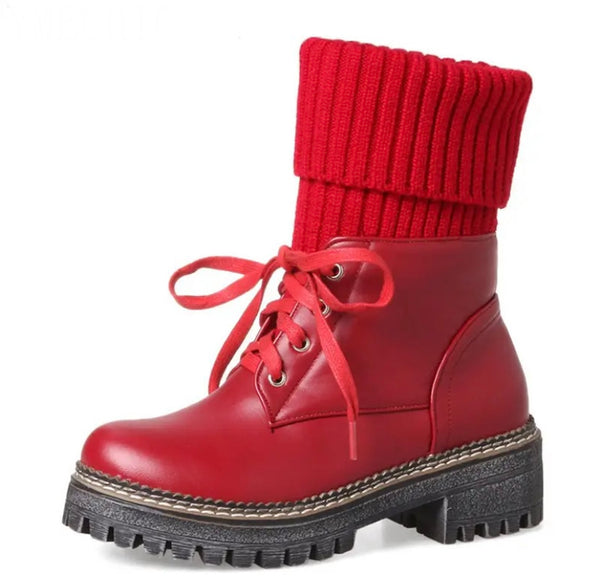Women Color Fashion Knitted Faux Leather Lace Up Ankle Boots