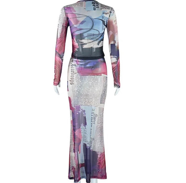 Women Sexy Multicolored Print Mesh Two Piece Maxi Skirt Set